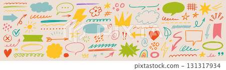Brush chalk element set. Hand drawn arrow, speech bubble, crayon highlight frame, check mark and comic talk sketch. Blackboard brush chalk texture stroke for kid text elements. Vector Brush chalk element set. Hand drawn arrow, speech bubble, crayon highlight frame, check mark and comic talk sketch. Blackboard brush chalk texture stroke for kid text elements. Vector 131317934