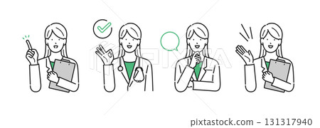 Illustration material [Nursing care image]: Female doctor in various poses, simple touch 131317940
