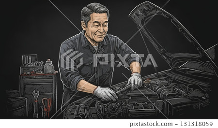 微笑的機械師正在檢查汽車引擎。粉筆畫描繪了專業工作。 131318059