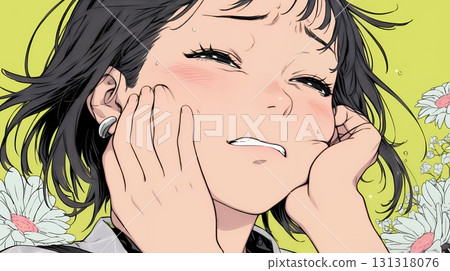 A woman holding her cheek due to toothache 131318076