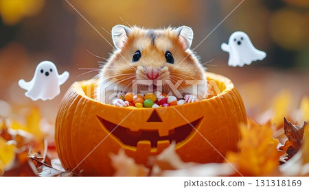 Cute hamster eating candy inside a pumpkin jack-o'-lantern Halloween material 131318169