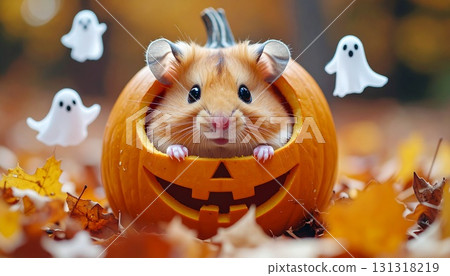可愛的倉鼠在南瓜燈裡休息萬聖節材料 可愛的倉鼠在南瓜燈裡休息萬聖節材料 131318219
