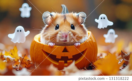可愛的倉鼠在南瓜燈裡休息萬聖節材料 131318222