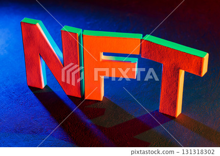 Non-Fungible Token Symbol in Neon Red and Blue Digital Economy Style 131318302