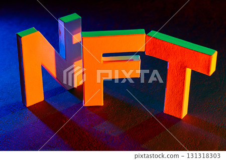 Non-Fungible Token Symbol in Neon Red and Blue Digital Economy Style 131318303