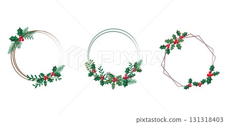 Colorful poinsettia and winter leaf frame, Christmas wreath set 131318403