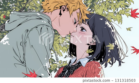 Young lovers kissing under the autumn leaves 131318503