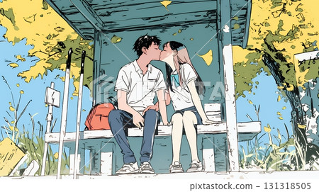 Young lovers kissing under the autumn leaves 131318505