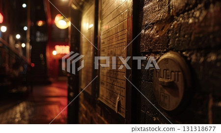 Old silent alarm showing on brick wall in alleyway at night 131318677