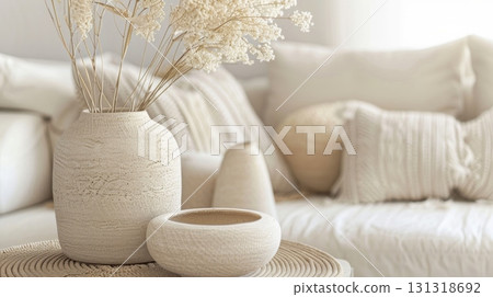White textured vases displaying dried flowers in a cozy living room 131318692