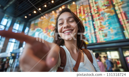 Young woman pointing at airport arrival departure board smiling 131318724