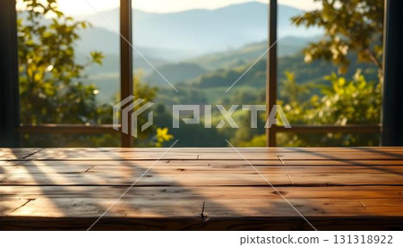 Cozy wooden table in a sunlit forest, capturing a nostalgic summer moment perfect for relaxation 131318922
