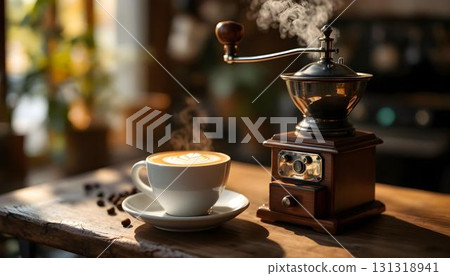 Coffee grinder and beans on a wooden table, capturing a cozy, vintage feel perfect for summer relaxation and nostalgia Coffee grinder and beans on a wooden table, capturing a cozy, vintage feel perfect for summer relaxation and nostalgia 131318941