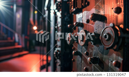 Close up of vault door locking mechanism showing multiple bolts 131319047