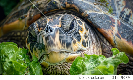 Hawksbill sea turtle enjoying a meal of green leaves 131319079