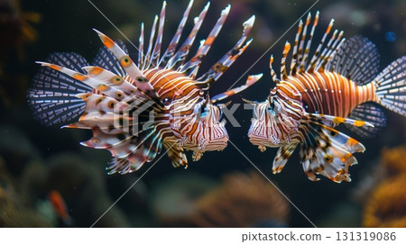 Two lionfish swimming in aquarium exhibit 131319086