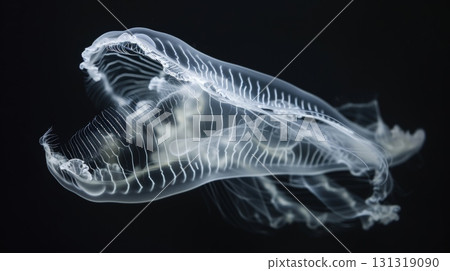 Bioluminescent comb jelly floating in dark ocean water Bioluminescent comb jelly floating in dark ocean water 131319090