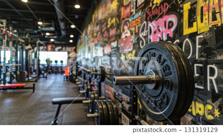 Weight plate standing against wall in modern gym with graffiti 131319129