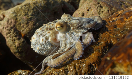Octopus resting on a rock by the sea 131319132