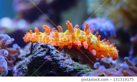 Colorful nudibranch crawling on a rock in a marine aquarium 131319175