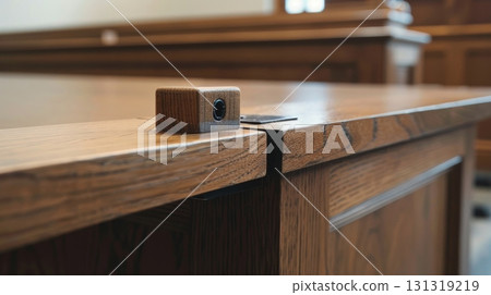Wooden desk detail showing audio input in courtroom Wooden desk detail showing audio input in courtroom 131319219