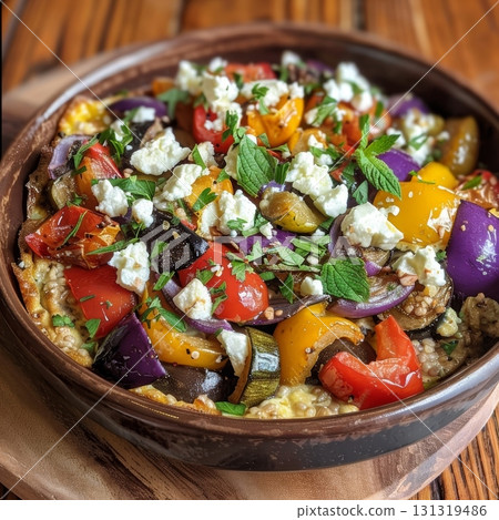 Baked buckwheat frittata filled with colorful roasted vegetables and topped with crumbled feta cheese Baked buckwheat frittata filled with colorful roasted vegetables and topped with crumbled feta cheese 131319486