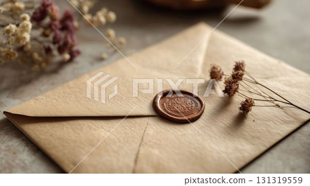 Wax-sealed envelope and dried flowers 131319559
