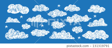 Dreamy white clouds with chalky texture. Hand drawn sky doodles for scrapbooking or clipart. Birthday decor. Vector illustration 131319791