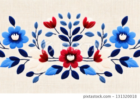 Intricate Polish embroidery design showcasing small floral and leafy motifs in a repeating border, inspired by traditional regional craftsmanship on a beige fabric backdrop. 131320018