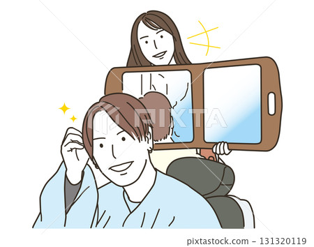 一名男子對著鏡子檢查自己的髮型，一名女理髮師拿著鏡子 131320119