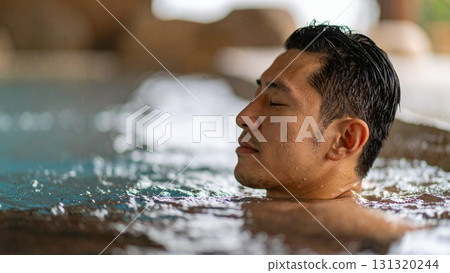 Image of a man relaxing in an open-air bath in winter Text space Advertising Background material AI generated material Image of a man relaxing in an open-air bath in winter Text space Advertising Background material AI generated material 131320244