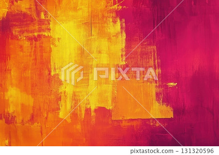 Bright abstract painting with bold colors of yellow, orange, and pink on canvas 131320596