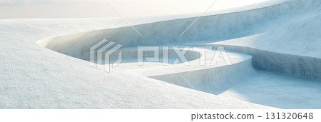 Snow-covered landscape features smooth curves and gentle slopes under soft sunlight 131320648