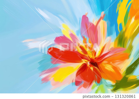 Vibrant abstract flower painting with bold colors against a blue background 131320861