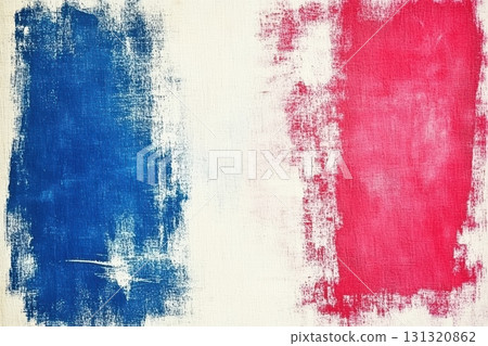 French flag painted in bold blue and red brush strokes on textured canvas 131320862