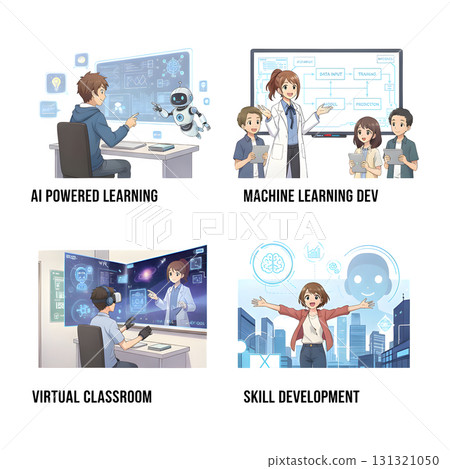 AI in business set. Characters using artificial intelligence generative tools to create social media post, presentation, content ideas. AI-powered marketing automation concept. illustration design AI in business set. Characters using artificial intelligence generative tools to create social media post, presentation, content ideas. AI-powered marketing automation concept. illustration design 131321050