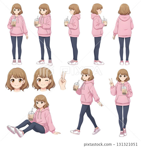 Teenage girl, blogger wearing hoodie and drinking bubble tea. Character constructor for animation. Front, side and back view set. Body parts, postures, poses collection. illustration design. Teenage girl, blogger wearing hoodie and drinking bubble tea. Character constructor for animation. Front, side and back view set. Body parts, postures, poses collection. illustration design. 131321051