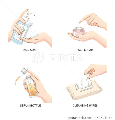 Characters hands holding various hygiene and skin care products, such as soap, cream, serum, wiped cleansing tissue. Beauty and skincare concept set. illustration design. Characters hands holding various hygiene and skin care products, such as soap, cream, serum, wiped cleansing tissue. Beauty and skincare concept set. illustration design. 131321058