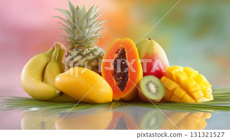 用棕櫚葉裝飾的熱帶水果拼盤 131321527