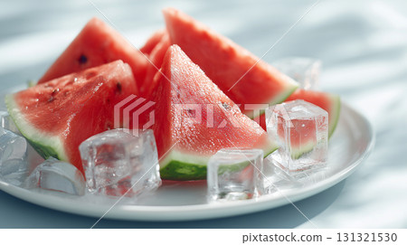 Triangular slices of watermelon served with ice 131321530