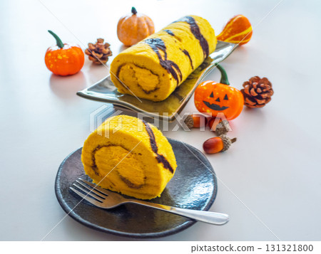 A heart-warming sweet treat featuring autumn pumpkin roll cake and Halloween colors 131321800