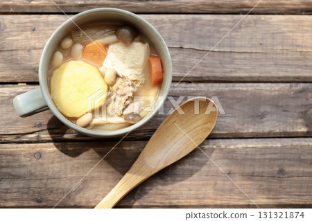 Pork miso soup with lots of sweet potatoes served in a soup cup 131321874
