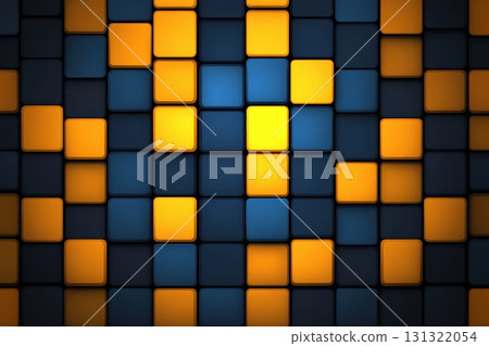 Colorful geometric pattern featuring blue and orange square tiles 131322054