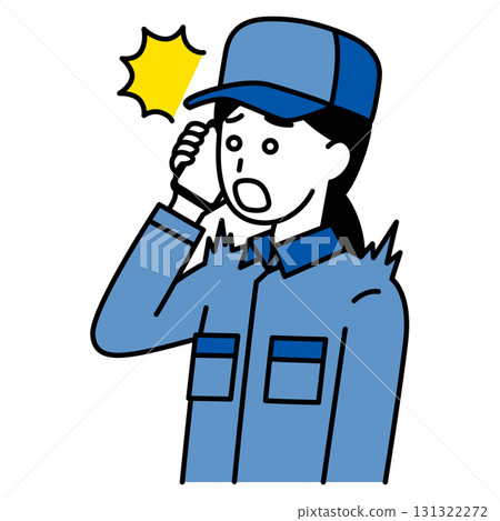 A woman in overalls is surprised by a call on her smartphone 131322272