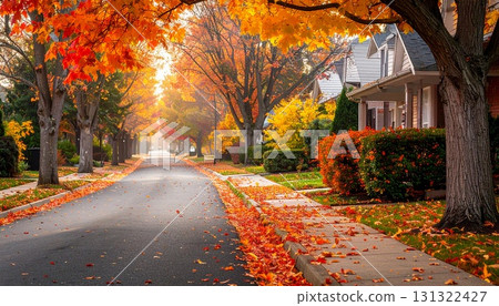 Residential street, fallen leaves on the sidewalk, warm and cozy autumn atmosphere Residential street, fallen leaves on the sidewalk, warm and cozy autumn atmosphere 131322427