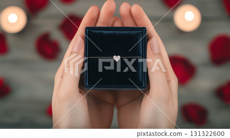 person holding small velvet jewelry box with heart shaped ring inside, surrounded by rose petals 131322600