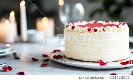 Heart shaped cake on beautifully set table with candles and rose petals 131322601