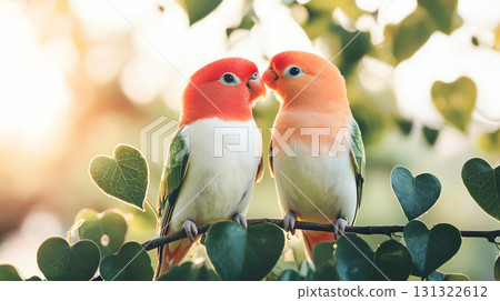 Pair of lovebirds perched on branch surrounded by heart shaped leaves 131322612