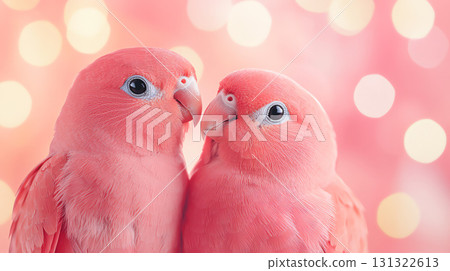 Pair of lovebirds with soft pink feathers and romantic background 131322613
