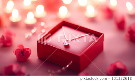 red gift box with heart shaped necklace, surrounded by candles and flowers 131322618